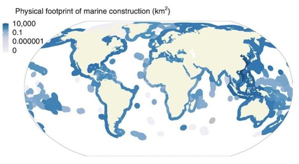 Construcciones humanas han modificado 30.000 kilómetros cuadrados de océanos