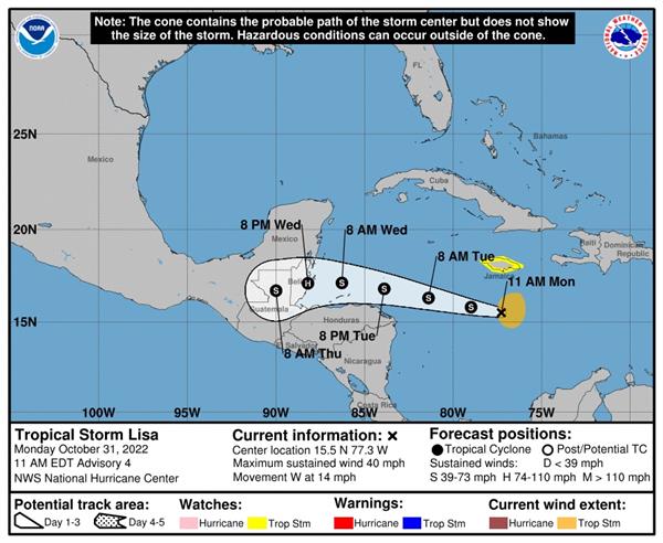 Fotografía cedida por la Oficina Nacional de Administración Oceánica y Atmosférica (NOAA) a través del Centro Nacional de Huracanes (NHC) donde se muestra el pronóstico de cinco días del paso de la tormenta tropical Lisa. EFE/ NOAA-NHC / SOLO USO EDITORIAL/ SOLO DISPONIBLE PARA ILUSTRAR LA NOTICIA QUE ACOMPAÑA (CRÉDITO OBLIGATORIO)